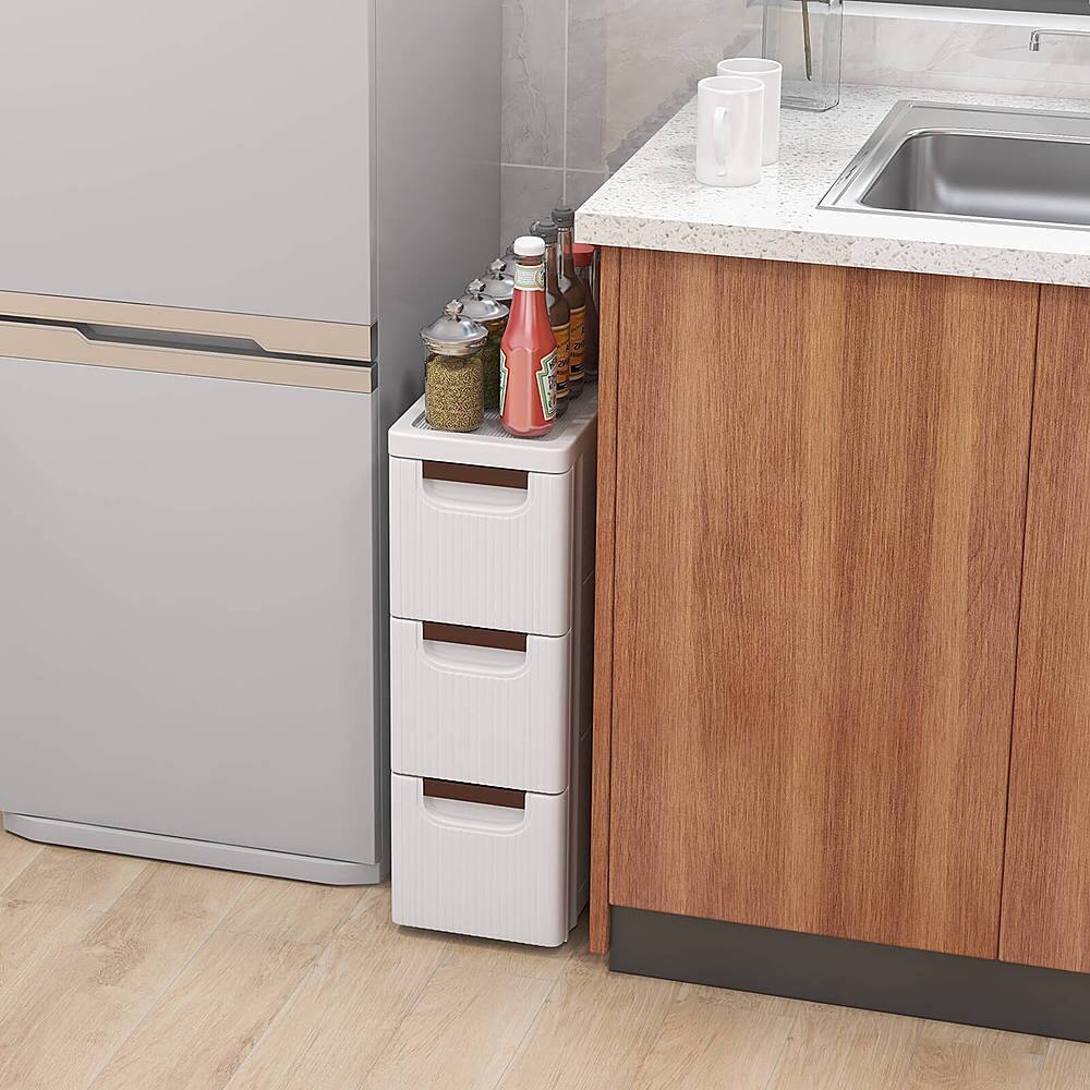 Alt View 14. Costway - Costway 1 PCS 3-Drawer Narrow Rolling Storage Cabinet with Pull Handles Built-in Wheels - White.