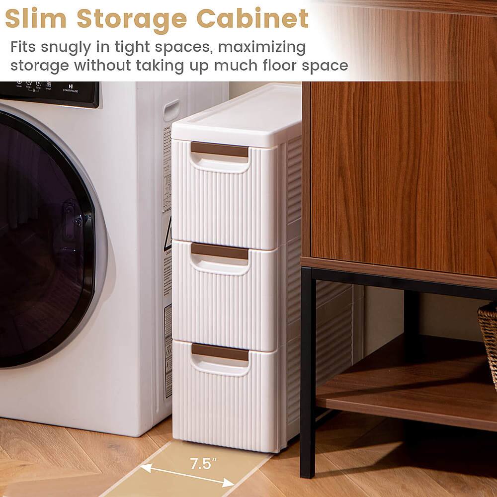 The text on the image reads: "Slim Storage Cabinet Fits snugly in tight spaces, maximizing storage without taking up much floor space."