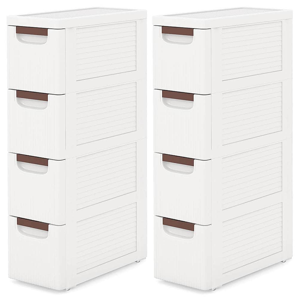 Front. Costway - Costway 2 PCS 4-Drawer Narrow Rolling Storage Cabinet with Pull Handles Built-in Wheels - White.