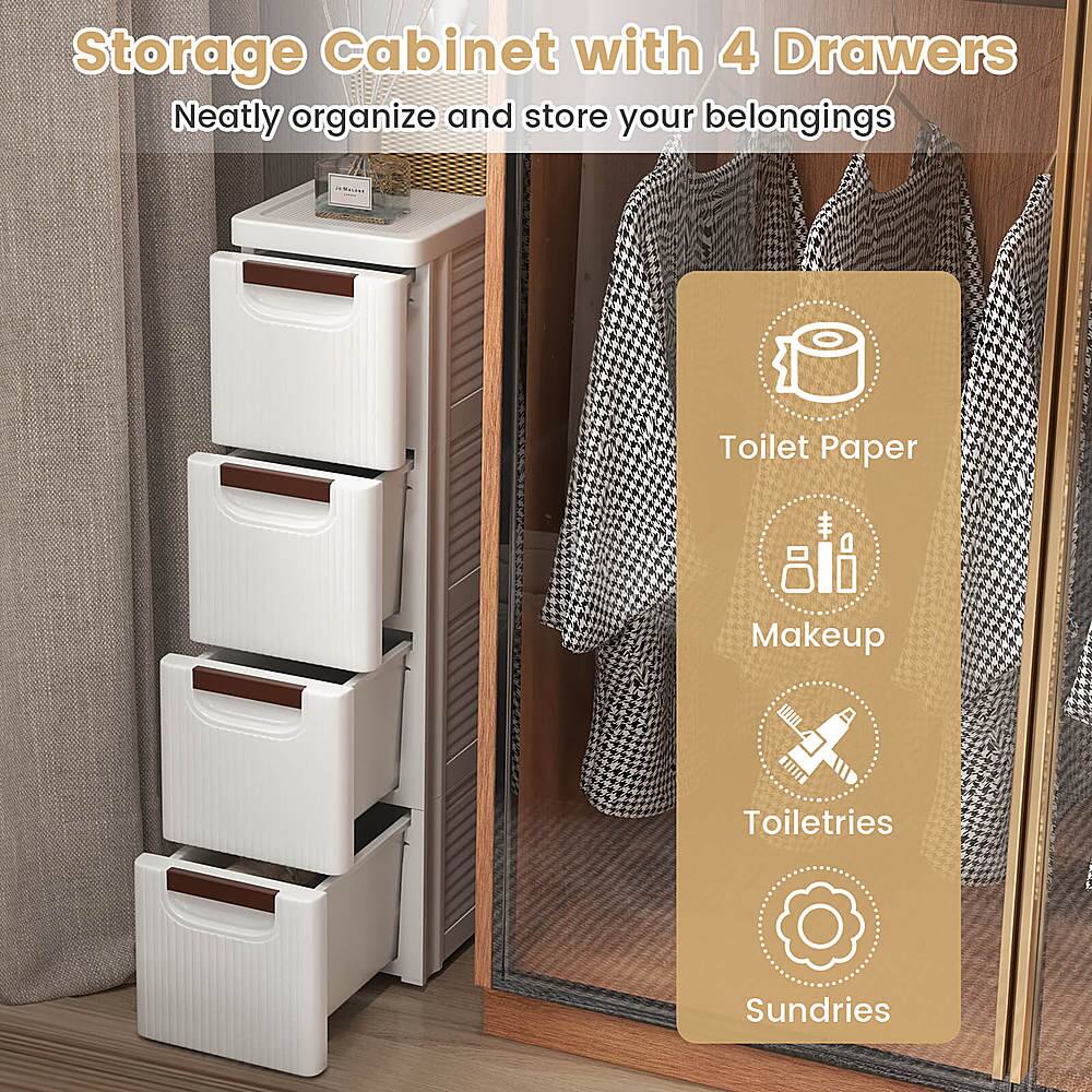 Storage Cabinet with 4 Drawers: Neatly organize and store your belongings. Toilet Paper, Makeup, Toiletries, Sundries.