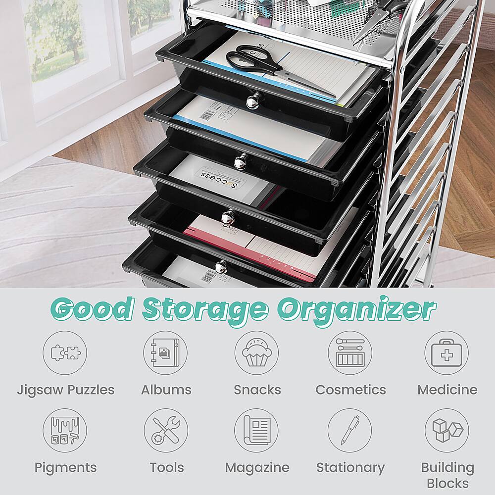 The text on the image is grouped and corrected as follows:

"Good Storage Organizer + Jigsaw Puzzles + Albums + Snacks + Cosmetics + Medicine + Pigments + Tools + Magazine + Stationary + Building Blocks"