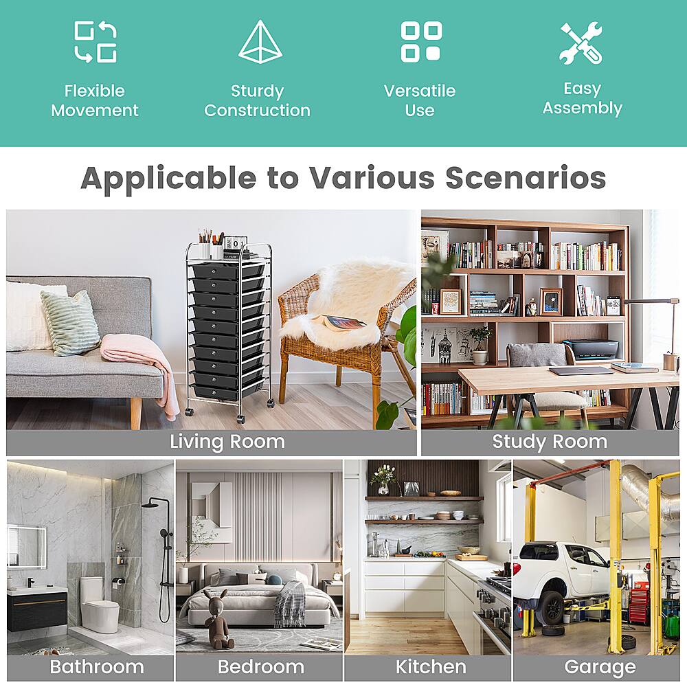 The text on the image is grouped and corrected as follows:

1. Flexible Movement
2. Sturdy Construction
3. Versatile Use
4. Easy Assembly
5. Applicable to Various Scenarios
6. Living Room
7. Study Room
8. Bathroom
9. Bedroom
10. Kitchen
11. Garage