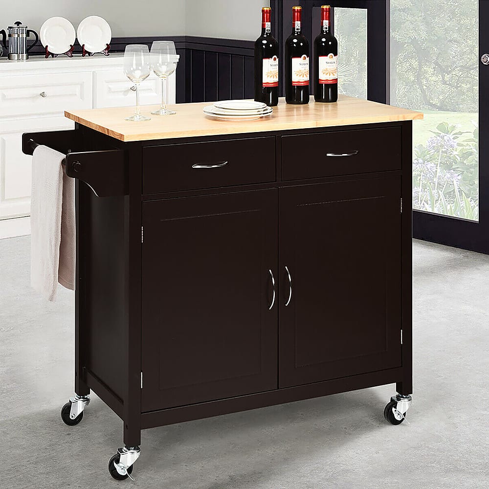 Front. Costway - Costway Modern Rolling Kitchen Island Cart Wood Top Storage Trolley with Storage Drawers - Brown.
