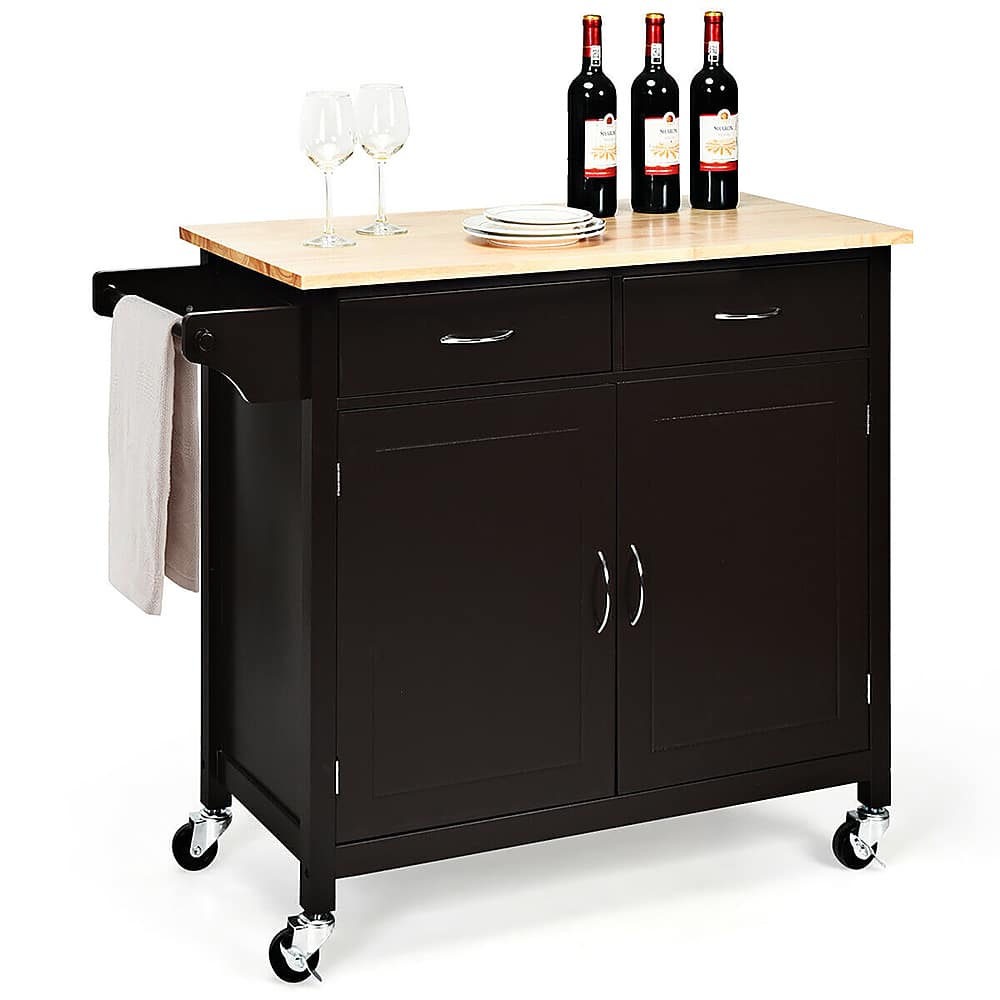 Alt View 12. Costway - Costway Modern Rolling Kitchen Island Cart Wood Top Storage Trolley with Storage Drawers - Brown.