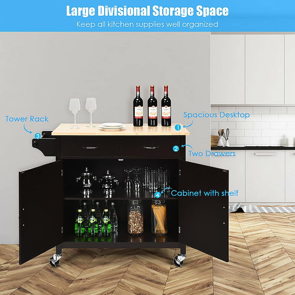 The text on the image describes a kitchen storage solution that includes a tower rack, a spacious desktop, two drawers, and a cabinet with a shelf. The purpose of this storage space is to keep all kitchen supplies well organized and easily accessible.