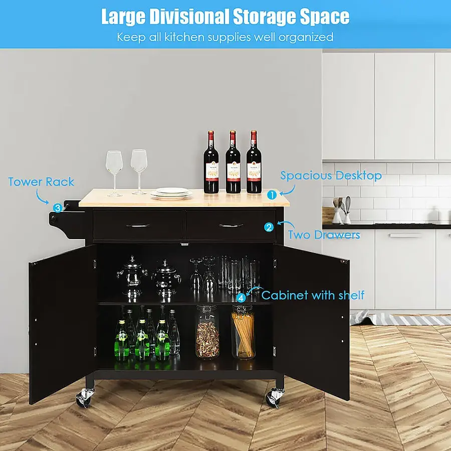 The text on the image describes a kitchen storage solution that includes a tower rack, a spacious desktop, two drawers, and a cabinet with a shelf. The purpose of this storage space is to keep all kitchen supplies well organized and easily accessible.