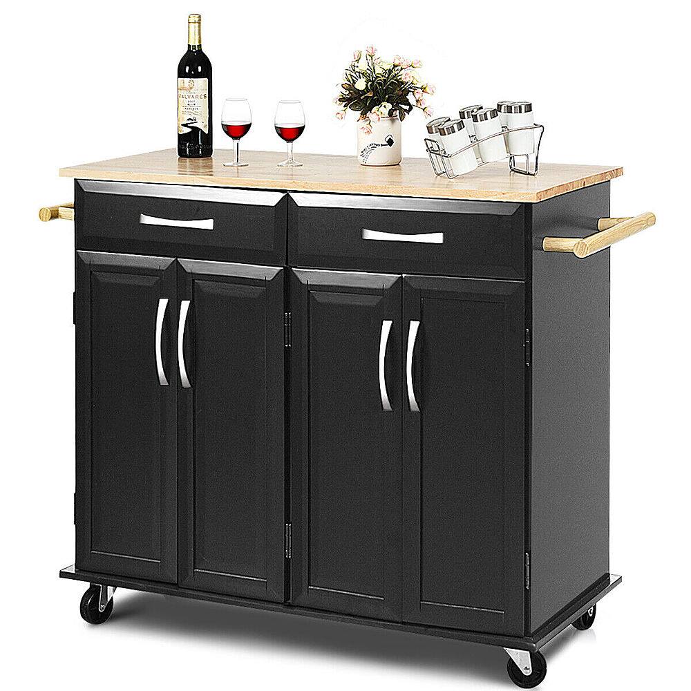Front. Costway - Costway Rolling Kitchen Trolley Island Cart Wood Top Storage Cabinet Utility W/ Drawers - Black.