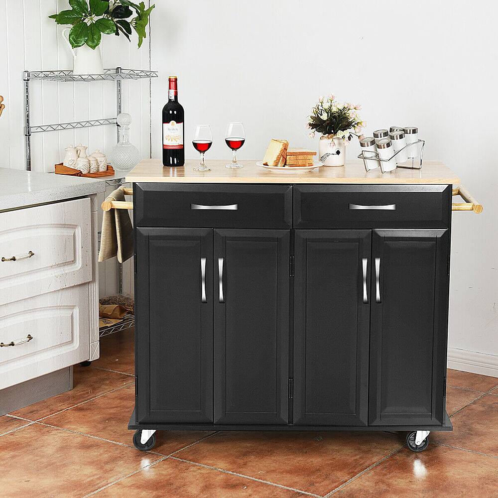 Alt View 11. Costway - Costway Rolling Kitchen Trolley Island Cart Wood Top Storage Cabinet Utility W/ Drawers - Black.