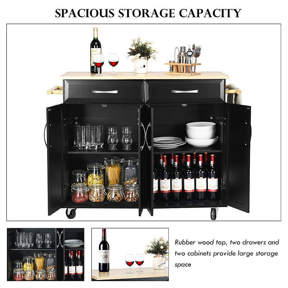 SPACIOUS STORAGE CAPACITY: Rubber wood top, two drawers and two cabinets provide large storage space.