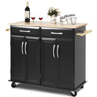 Costway Rolling Kitchen Trolley Island  Cart Wood Top Storage Cabinet Utility w/ Drawers - Black - Front_Zoom