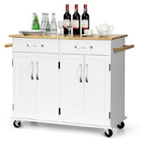 Costway Kitchen Trolley Island Utility Cart Wood Top Rolling Storage Cabinet Drawers - White - Front_Zoom