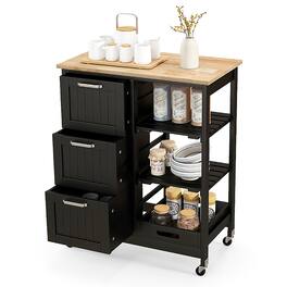Costway - Rolling Kitchen Island Utility Storage Cart w/ 3 Storage Drawers & Shelves - Black