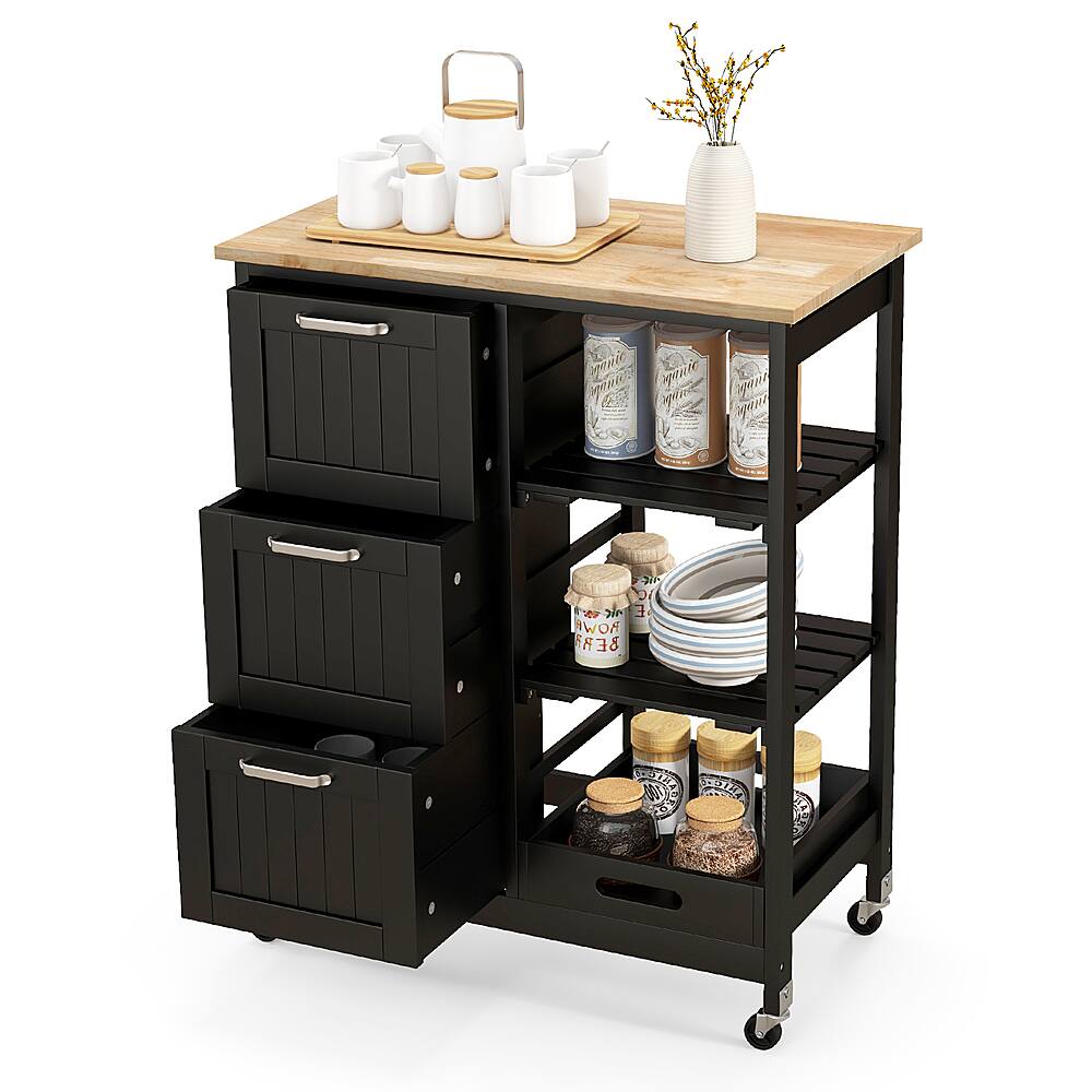 The image features a black cart with a wooden top, which is filled with various kitchen items. There are multiple cups and bowls placed on the cart, as well as several bottles and a vase. The cart is designed to hold and organize these items, making it a convenient and functional addition to any kitchen.