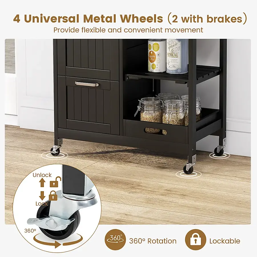 The image features a kitchen cart with a black cabinet and shelves. The cart is equipped with four universal metal wheels, two of which have brakes, providing a flexible and convenient movement. The cart is also adorned with a lockable feature for added security. The image is accompanied by a description that highlights the cart's features, such as the wheels and lockable function.