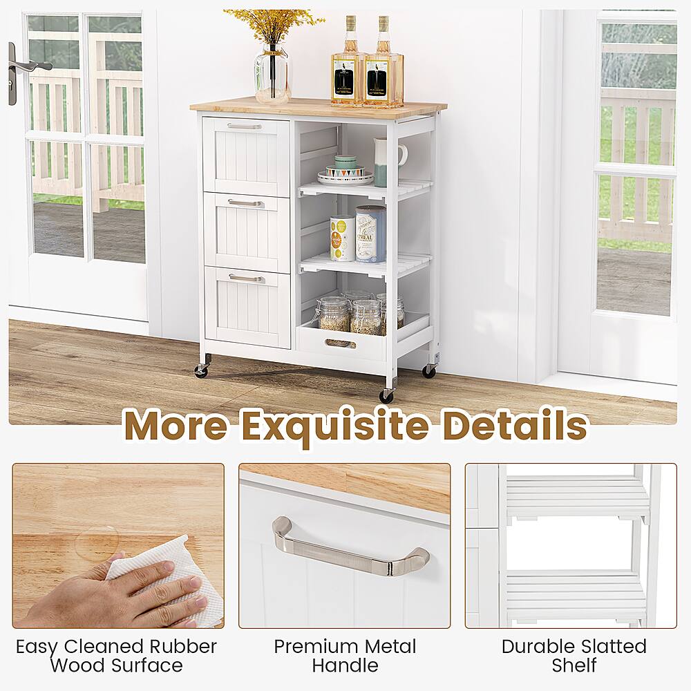 The text on the image is grouped as follows:

1. "More Exquisite Details"
2. "Easy Cleaned Rubber Wood Surface"
3. "Premium Metal Handle"
4. "Durable Slatted Shelf"