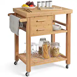 Costway - Bamboo Kitchen Trolley Cart Wood Rolling Island w/ Tower Rack & Drawers - Natural