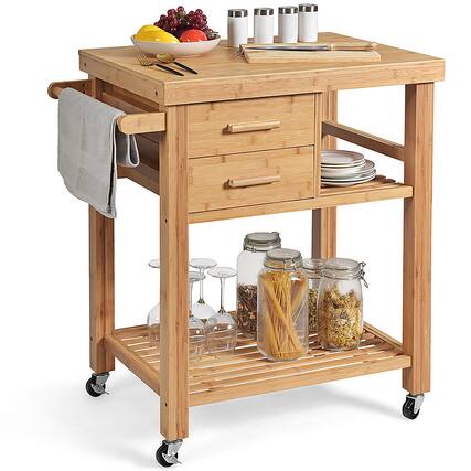 Front. Costway - Costway Bamboo Kitchen Trolley Cart Wood Rolling Island w/ Tower Rack & Drawers - Natural.