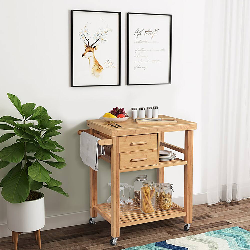 Alt View 12. Costway - Costway Bamboo Kitchen Trolley Cart Wood Rolling Island w/ Tower Rack & Drawers - Natural.