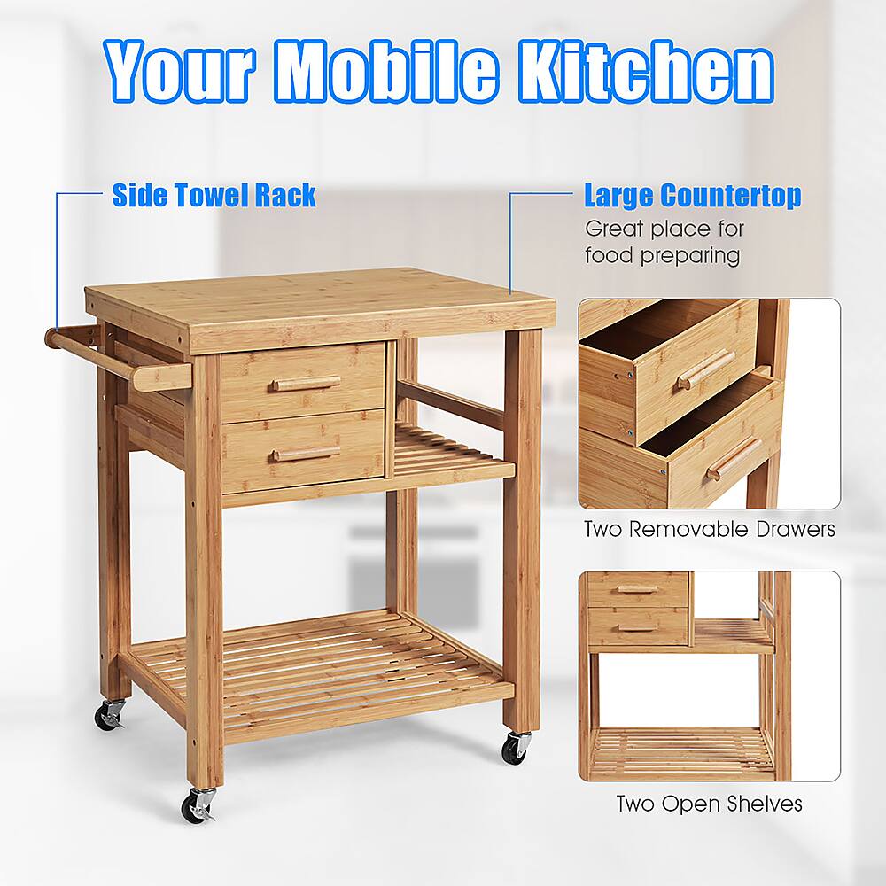 Your Mobile Kitchen: Side Towel Rack, Large Countertop, Great Place for Food Preparing, Two Removable Drawers, Two Open Shelves.