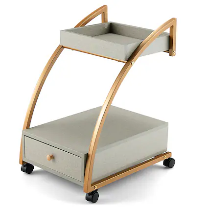 Front. Costway - Costway Rolling End Table with Storage Drawer Tray Top 4 Casters Modern Bedside Trolley - Grey/Gold.