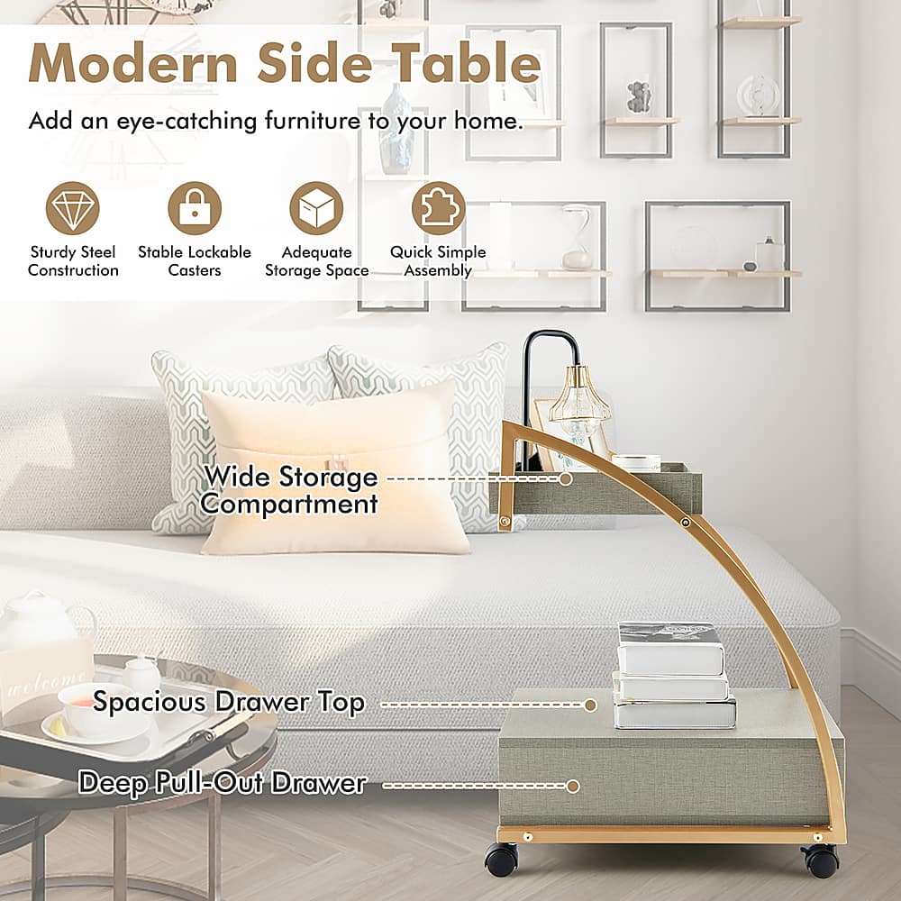Modern Side Table: Add an eye-catching furniture piece to your home. This sturdy steel table features a stable, lockable design with adequate storage space. The construction is quick and simple, making it easy to assemble. The table also comes with casters for added mobility. The wide storage compartment and deep pull-out drawer provide ample space for your belongings.