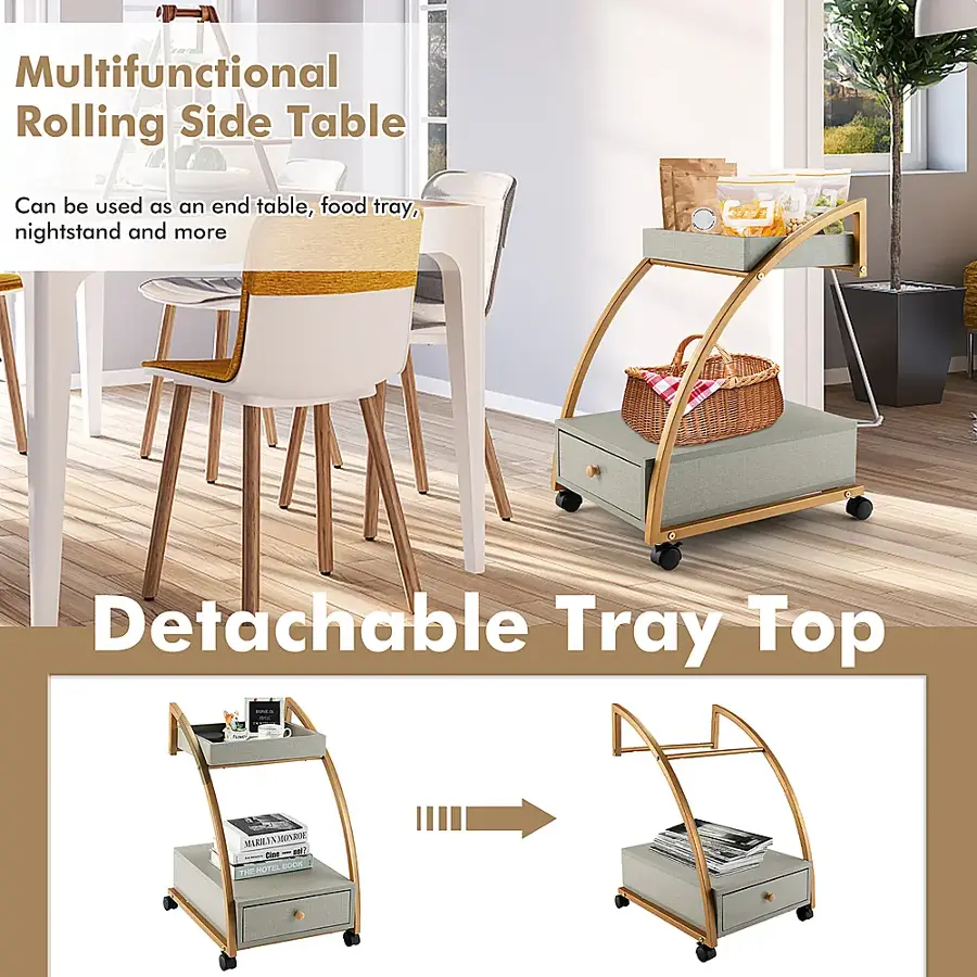 The image features a multifunctional rolling side table that can be used as an end table, food tray, nightstand, and more. It has a detachable tray top, making it a versatile and practical piece of furniture. The table is accompanied by chairs, and there are also several books placed on the table. The scene appears to be set in a living room or dining area, with a potted plant nearby adding a touch of greenery to the space.