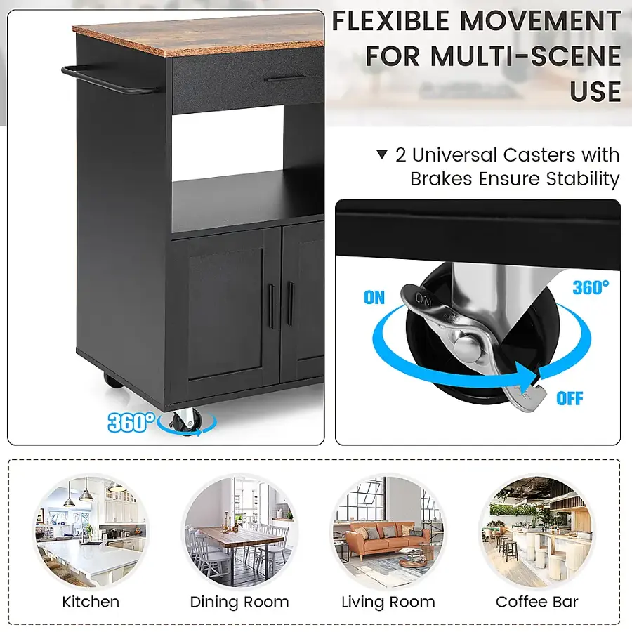 Flexible Movement for Multi-Scene Use: 2 Universal Casters with Brakes Ensure Stability 360° 360° Off 360° On Kitchen Dining Room Living Room Coffee Bar