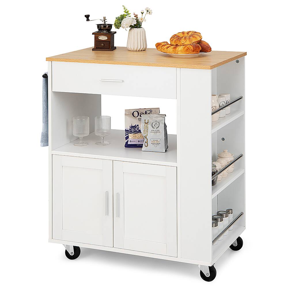 The image features a white cart with a drawer and a shelf. On the shelf, there are two bags of oats, and on the drawer, there are two glasses. Additionally, there are two cups and a vase with flowers on the cart. The cart is placed on wheels, making it easy to move around.