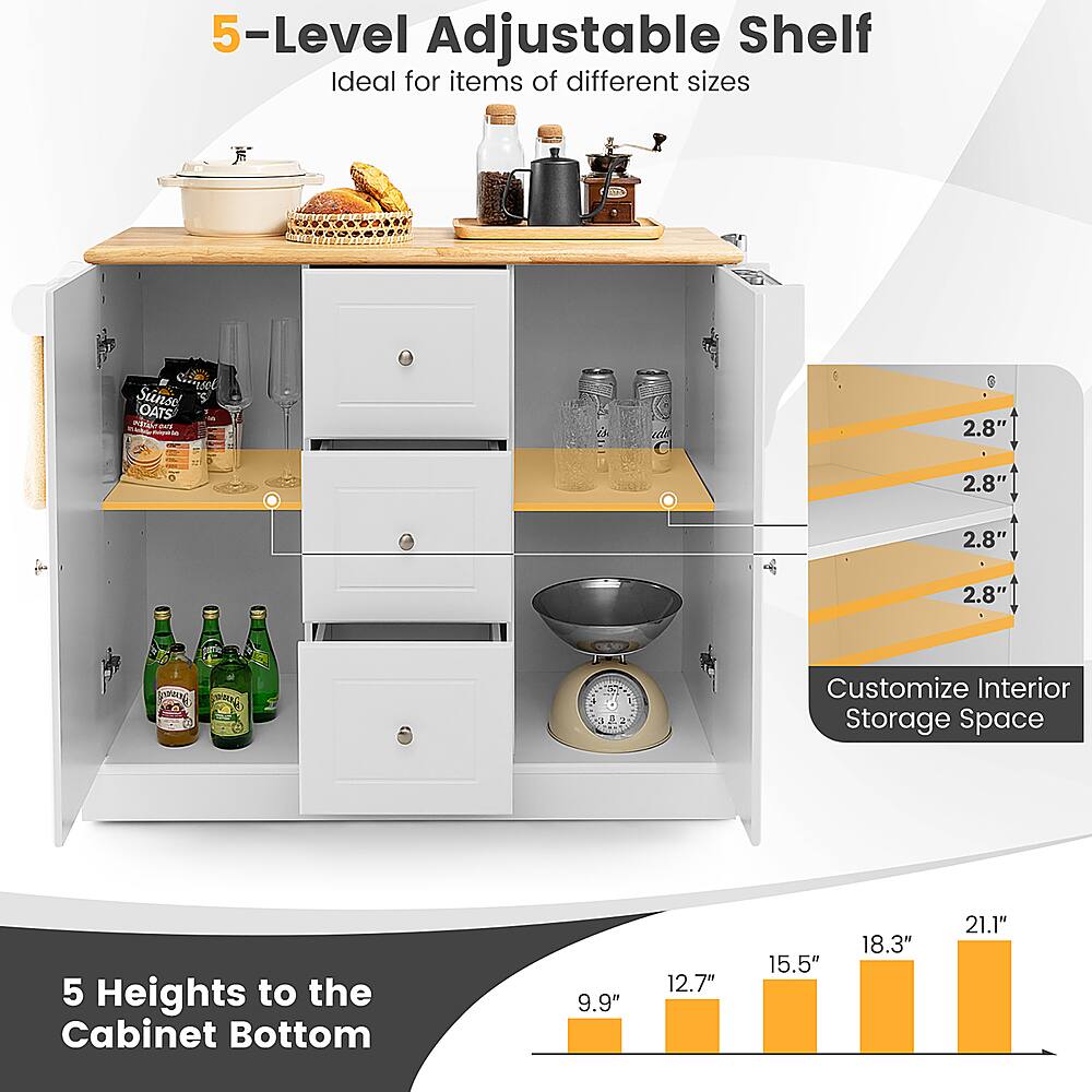 The text on the image reads: "5-Level Adjustable Shelf Ideal for items of different sizes SRA noel Sunse OATS Mr das is ada 2.8 2.8" 2.8" 2.8" sai RNO Customize Interior Storage Space 5 Heights to the Cabinet Bottom 9.9" 12.7" 15.5" 18.3" 21.1"."