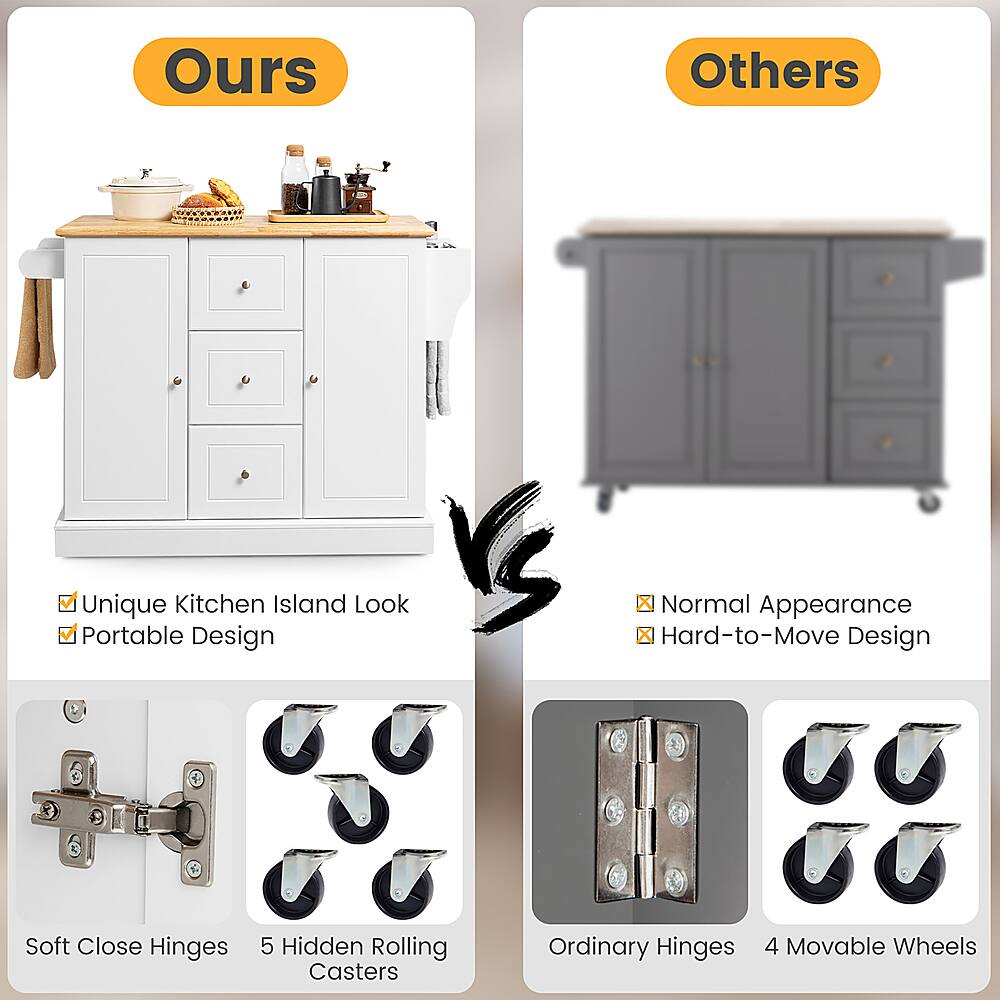 Ours: Unique Kitchen Island Look, Portable Design, Soft Close Hinges, 5 Hidden Rolling Casters.
Others: Normal Appearance, Hard-to-Move Design, Ordinary Hinges, 4 Movable Wheels.
