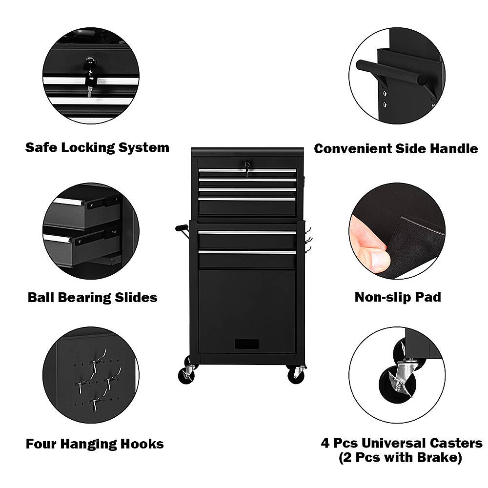 The text on the image is grouped as follows:
1. Safe Locking System
2. Convenient Side Handle
3. Ball Bearing Slides
4. Non-slip Pad
5. Four Hanging Hooks
6. 4 Pcs Universal Casters (2 Pcs with Brake)