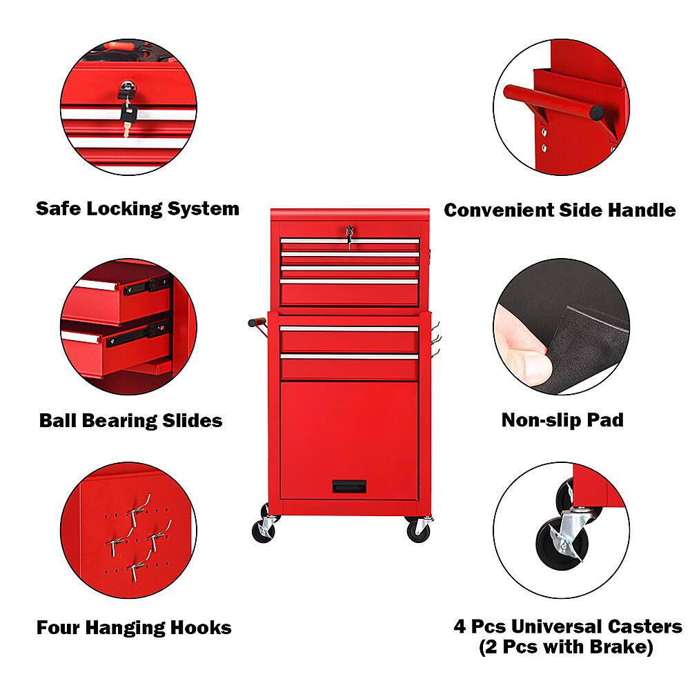 The text on the image is grouped and corrected as follows:
1. Safe Locking System
2. Convenient Side Handle
3. Ball Bearing Slides
4. Non-slip Pad
5. Four Hanging Hooks
6. 4 Pcs Universal Casters (2 Pcs with Brake)