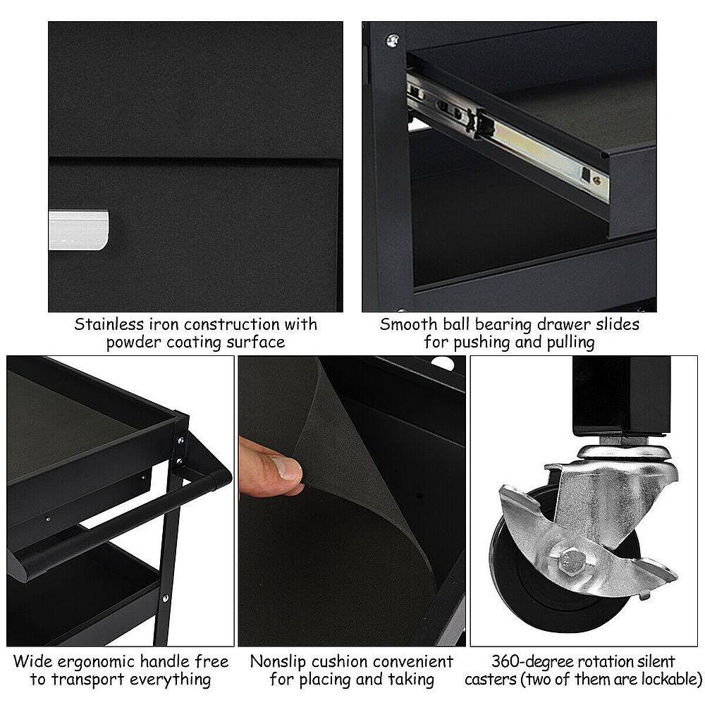 The image showcases a black box with a person's hand pulling up the lid, revealing the contents inside. The box features stainless iron construction with a powder coating surface, smooth ball bearing drawer slides for easy pushing and pulling, and a wide ergonomic handle for comfortable use. The box also has a nonslip cushion for added stability, and it is equipped with 360-degree rotation silent casters for easy transportation. Additionally, two of the casters are lockable for added security.