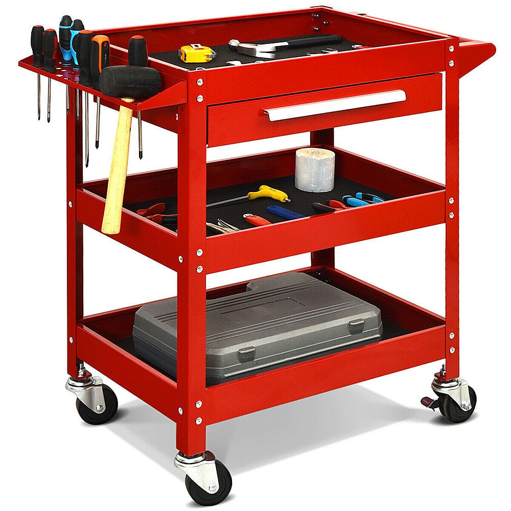 Front. Costway - Three Tray Rolling Tool Cart Mechanic Cabinet Storage ToolBox Organizer w/Drawer - Red.