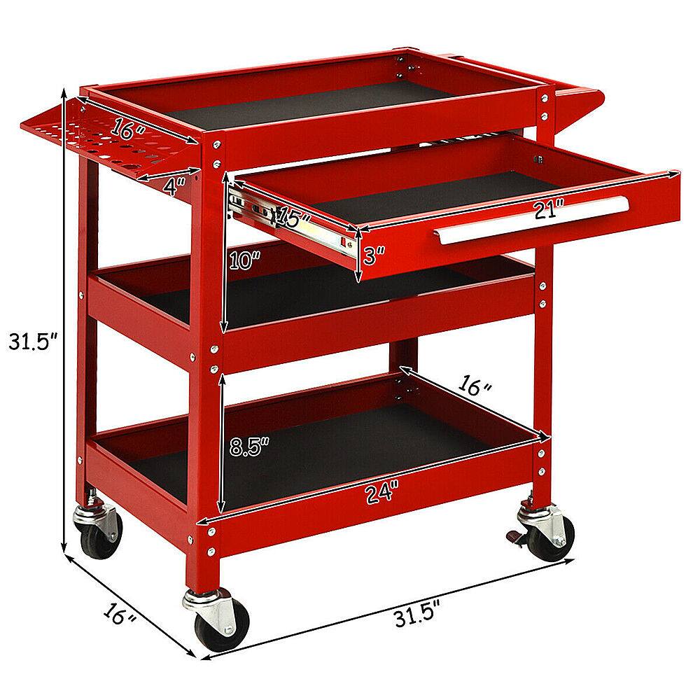 The text on the image reads: "16" 4" 15 10" 3" 21" 31.5" 16" 8.5" 24" 16" 31.5". This text is describing the dimensions of the red cart, which has a height of 31.5 inches, a width of 16 inches, and a depth of 16 inches. The cart also has wheels that are 8.5 inches in diameter.