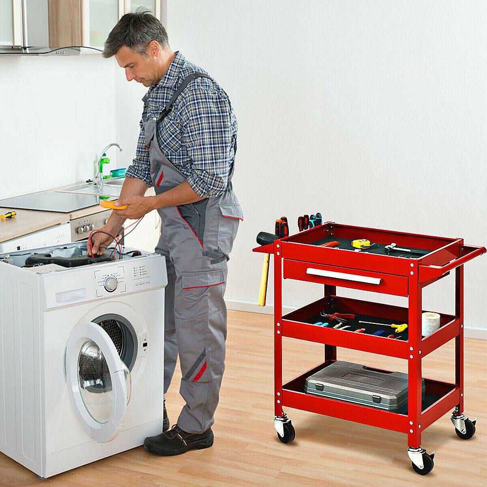 Alt View 12. Costway - Three Tray Rolling Tool Cart Mechanic Cabinet Storage ToolBox Organizer w/Drawer - Red.