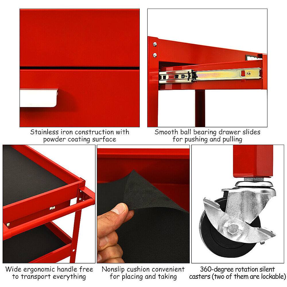 The image features a red cabinet with various descriptions of its features. The cabinet is made of stainless iron and has a powder coating surface. It also has smooth ball bearing drawer slides for easy pushing and pulling. The cabinet has a wide ergonomic handle that is free, and it also has a nonslip cushion for added convenience. Additionally, the cabinet has a 360-degree rotation, making it suitable for transporting items. Two of the casters are lockable, ensuring safety and security.