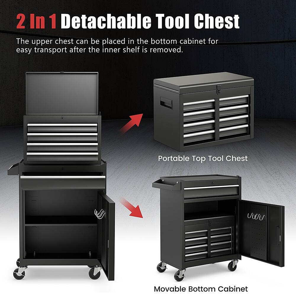 The image features a 2 in 1 detachable tool chest, which consists of an upper chest and a bottom cabinet. The upper chest can be placed inside the bottom cabinet for easy transport after the inner shelf is removed. Additionally, there is a portable top tool chest, which is also known as a UWU movable bottom cabinet. This tool chest is designed to provide users with a convenient and organized storage solution for their tools and equipment.
