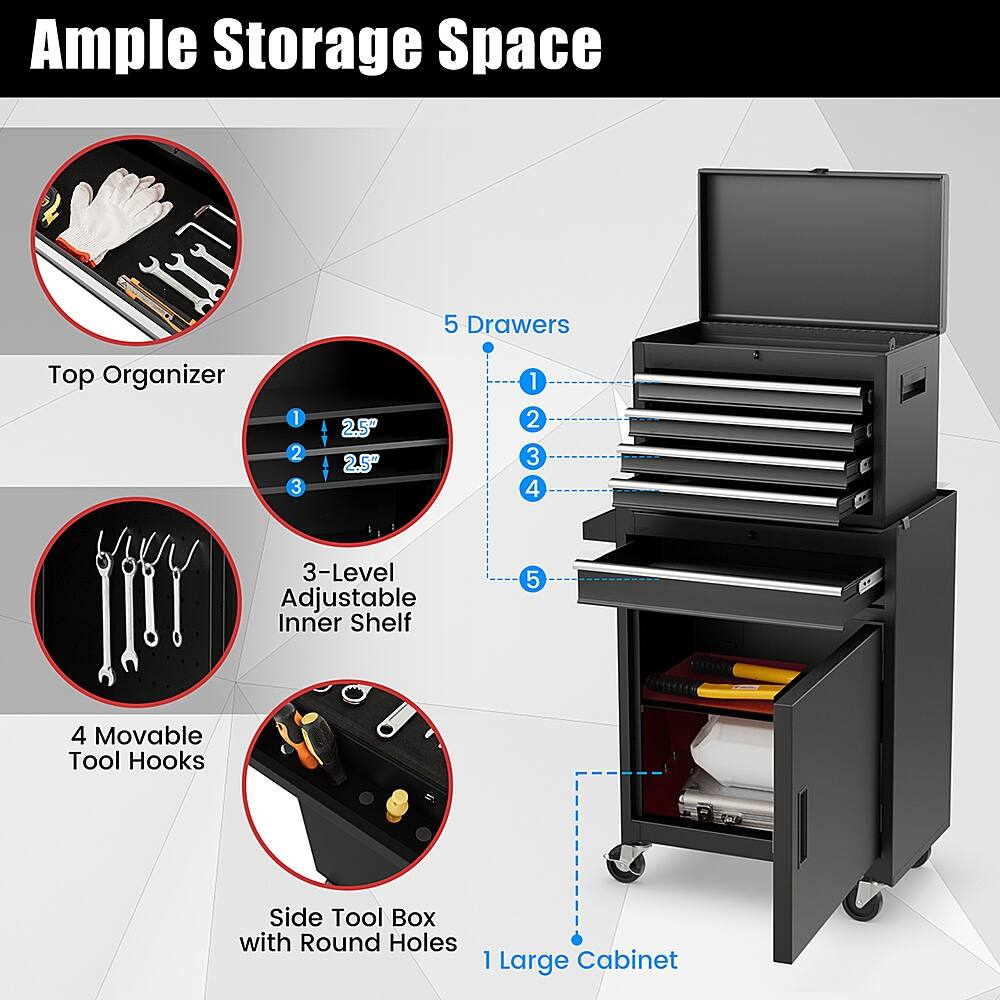 Ample Storage Space: 5 Drawers, Top Organizer, 1, 2, 3, 2.5" 2.5" 1, 2, 3, 4, 3-Level Adjustable Inner Shelf, 5, 4 Movable Tool Hooks, Side Tool Box with Round Holes, 1 Large Cabinet.