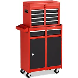 Costway - 2 in 1 Tool Chest & Cabinet with 5 Sliding Drawers Rolling Garage Box Organizer - Black/Red
