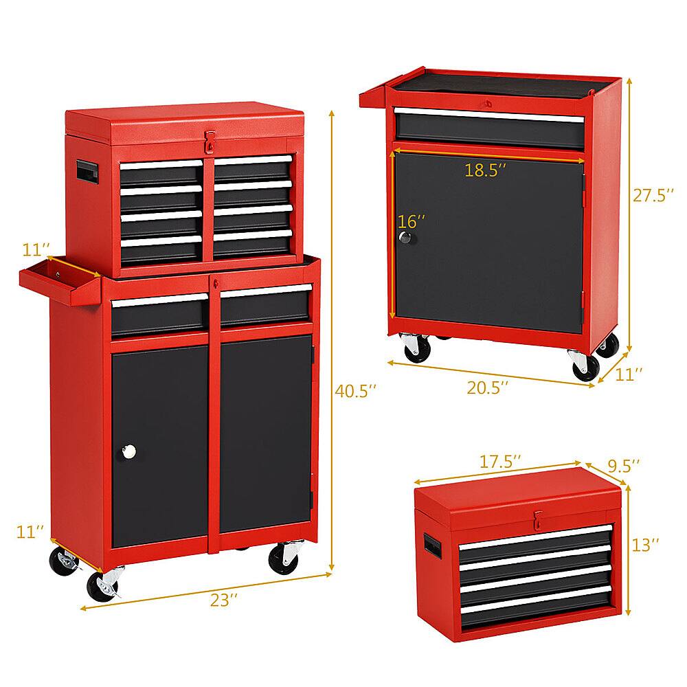 The image features a red tool chest with a set of drawers. The chest is shown in various sizes, including a small red tool chest, a medium-sized one, and a large one. The drawers are also shown in different sizes, such as a small drawer, a medium-sized drawer, and a large drawer. The measurements for each size are provided, including the height, width, and depth. The measurements are displayed in both inches and centimeters, making it easy for viewers to understand the dimensions of the tool chest and drawers.