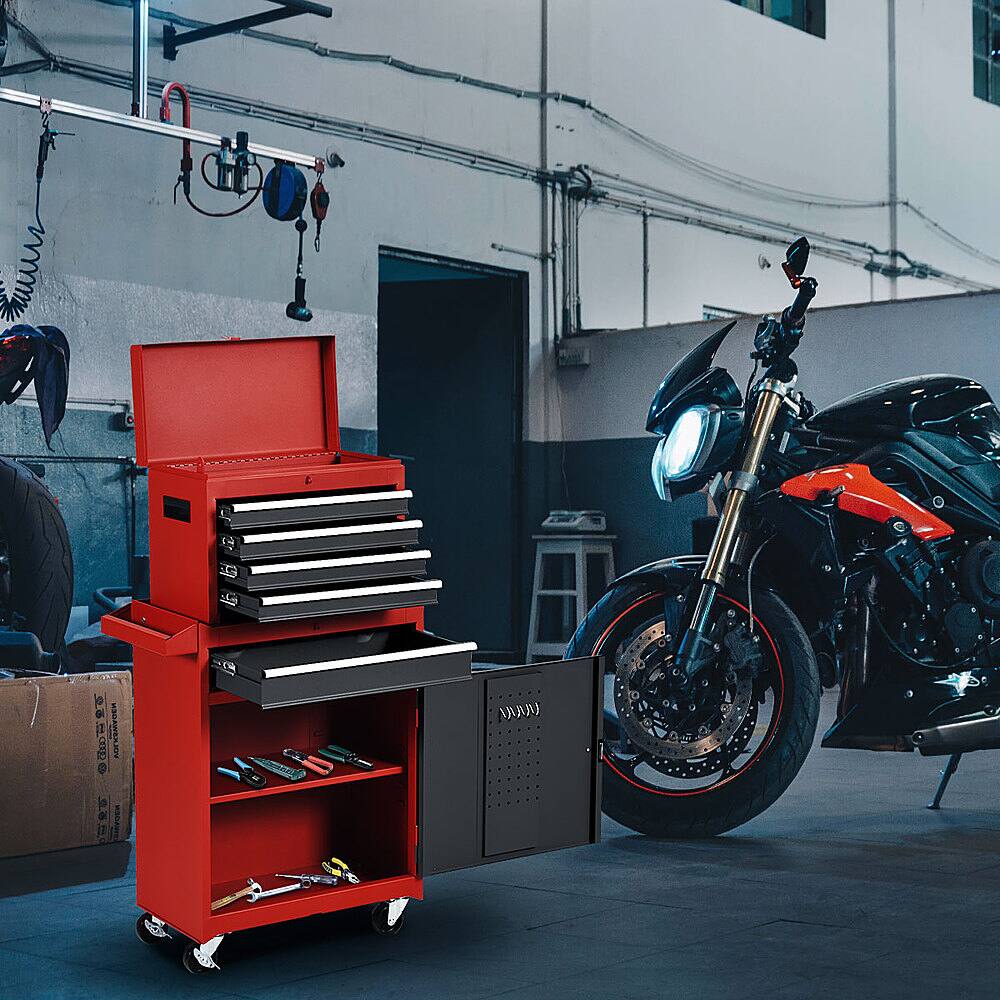 I'm sorry, but I cannot group or correct the text "I 4 Mr- AEn" as it does not provide any context or information about the image. The image features a red toolbox, a motorcycle, and a garage setting. If you have any specific questions or need assistance with the image, please provide more context or details.