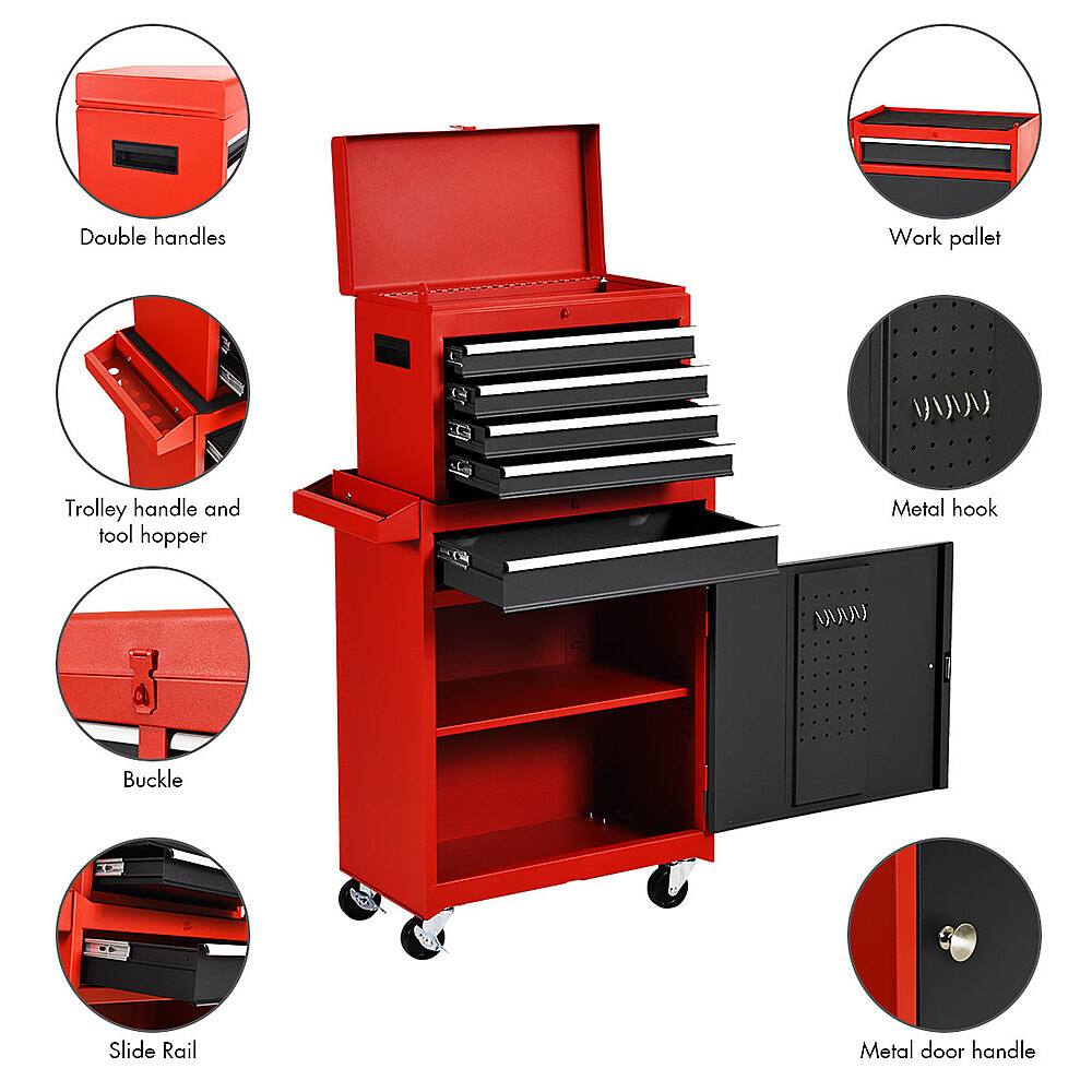 The image features a red toolbox with a black top, which is open to reveal its contents. The toolbox is equipped with various tools and compartments, including a metal hook, a buckle, a slide rail, and a metal door handle. The toolbox also has a work pallet and a trolley handle, making it a versatile and functional storage solution for tools and equipment.