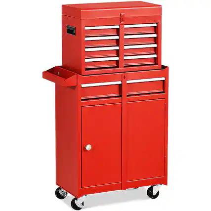 Front. Costway - Costway 2 in 1 Tool Chest & Cabinet with 5 Sliding Drawers Rolling Garage Organizer - Red.