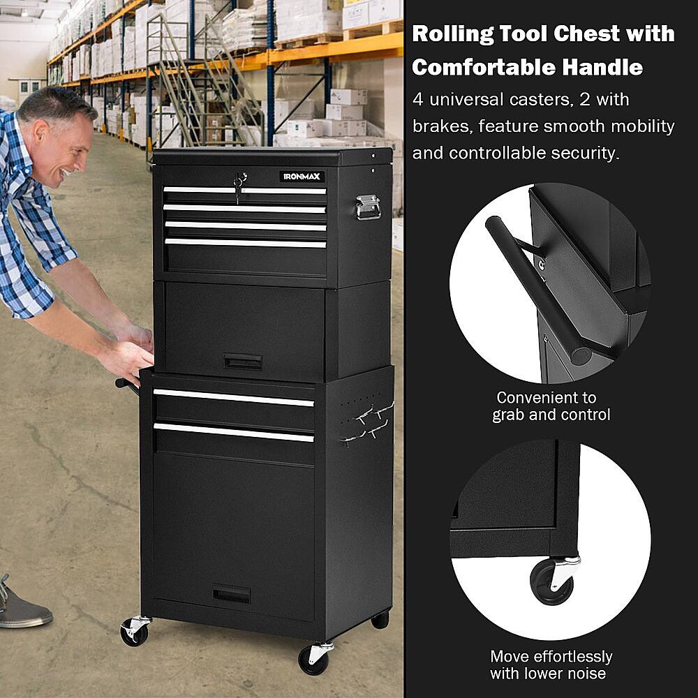 Rolling Tool Chest with Comfortable Handle: IRONMAX 4 universal casters, 2 with brakes, feature smooth mobility and controllable security. Convenient to grab and control, move effortlessly with lower noise.