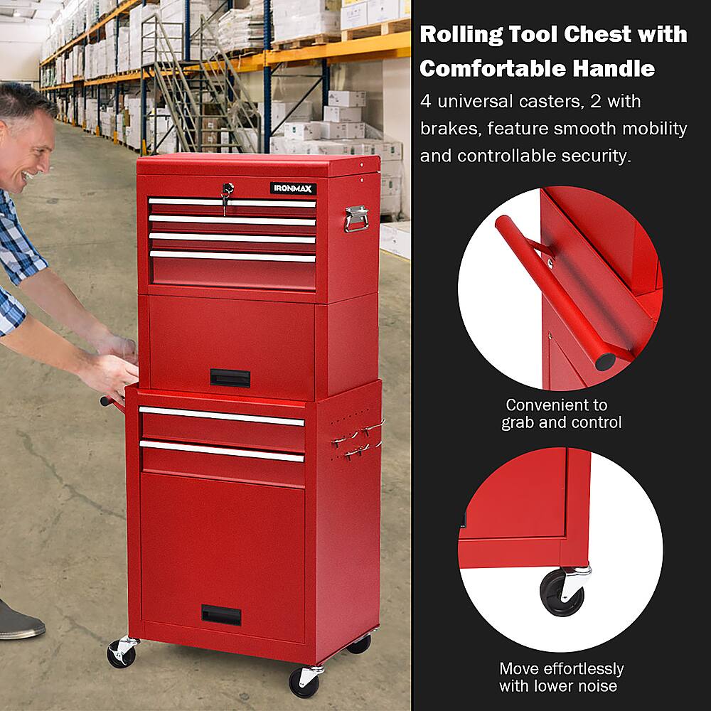 Rolling Tool Chest with Comfortable Handle: 4 universal casters, 2 with brakes, feature smooth mobility and controllable security. IRONMAX Convenient to grab and control. Move effortlessly with lower noise.