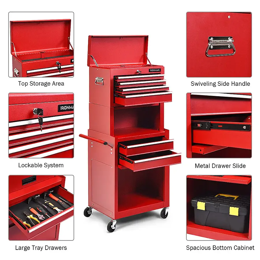 The image features a red toolbox with various compartments and drawers. It has a top storage area, a swiveling side handle, a lockable system, and a metal drawer slide. The toolbox also has large tray drawers and a spacious bottom cabinet. The image showcases the different features of the toolbox, making it an ideal storage solution for tools and other items.