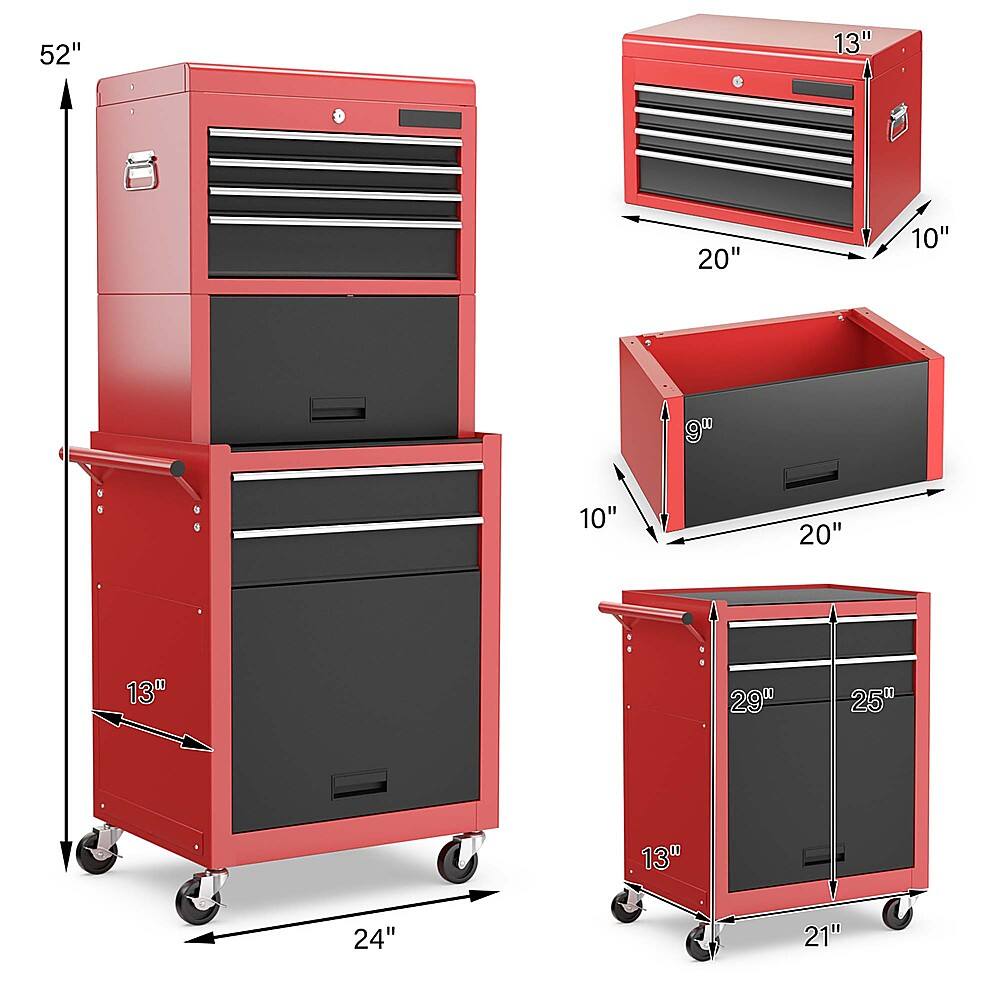 The text on the image is grouped and corrected as follows:
1. 52" 13" 20" 10" 9" 10" 20" 13" 29" 250 13" 24" 21"
The image features a red tool chest with multiple drawers and a red tray. The chest is placed on wheels, making it easy to move around. The chest is open, revealing the various compartments and drawers inside. The image also includes a ruler to provide a sense of scale, showing the dimensions of the tool chest.