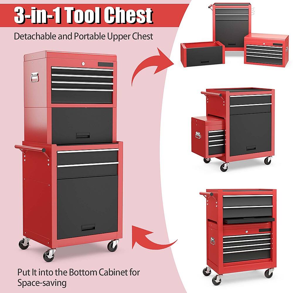 3-in-1 Tool Chest: Detachable and Portable Upper Chest. Put it into the Bottom Cabinet for Space-saving.
