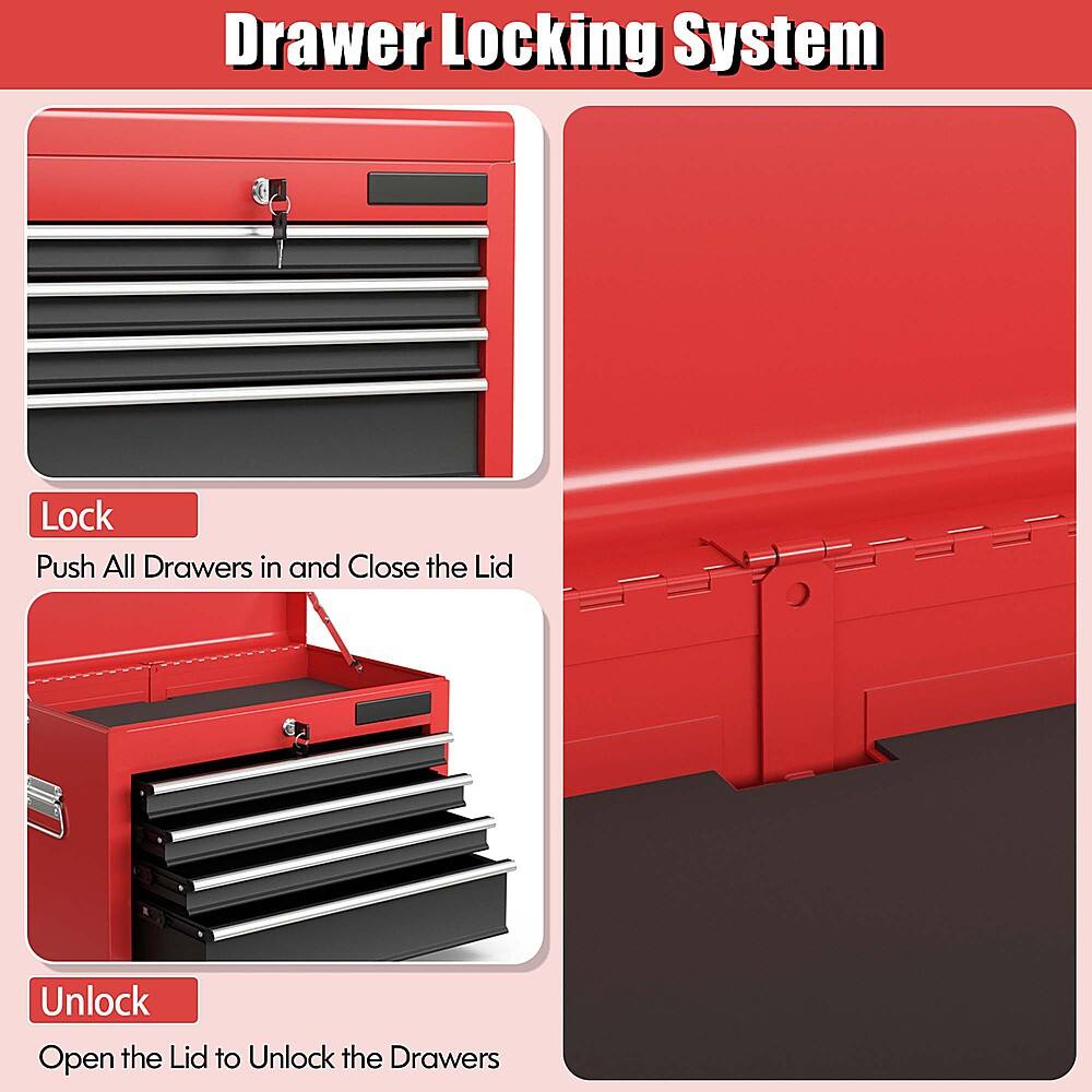 Drawer Locking System:
1. Lock: Push all drawers in and close the lid.
2. Unlock: Open the lid to unlock the drawers.